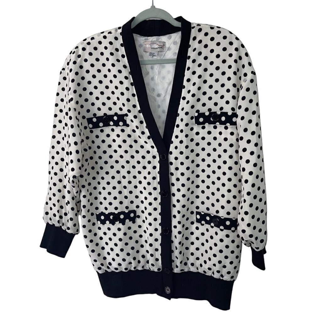 Adrianna Papell Vintage Womens Cardigan Size Medium White Black Polka Dot Silk